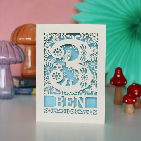 Personalised Papercut Three Woodland Animals Birthday Card - A6 (small) / Light Blue
