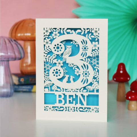 Personalised Papercut Three Woodland Animals Birthday Card - A6 (small) / Peacock Blue