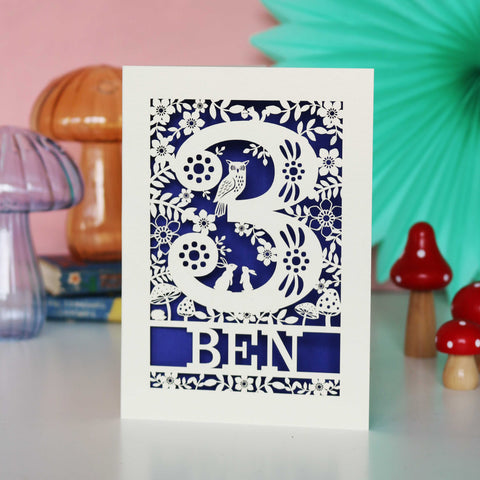 Personalised Papercut Three Woodland Animals Birthday Card - A6 (small) / Infra Violet