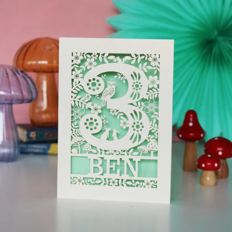 Personalised Papercut Three Woodland Animals Birthday Card - A6 (small) / Light Green