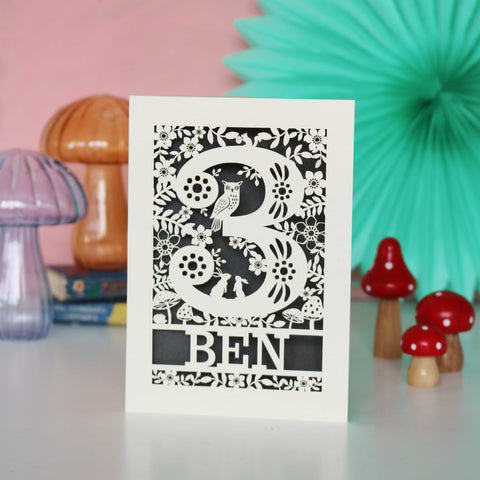 Personalised Papercut Three Woodland Animals Birthday Card - A6 (small) / Urban Grey