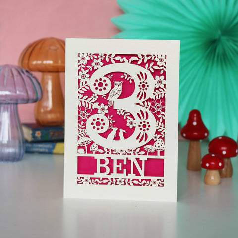 Personalised Papercut Three Woodland Animals Birthday Card - A6 (small) / Shocking Pink