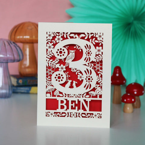 Personalised Papercut Three Woodland Animals Birthday Card - A6 (small) / Bright Red