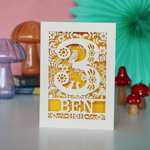 Personalised Papercut Three Woodland Animals Birthday Card - A6 (small) / Sunshine Yellow