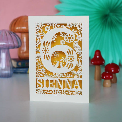 Personalised Papercut Six Woodland Animals Birthday Card - A6 (small) / Sunshine Yellow