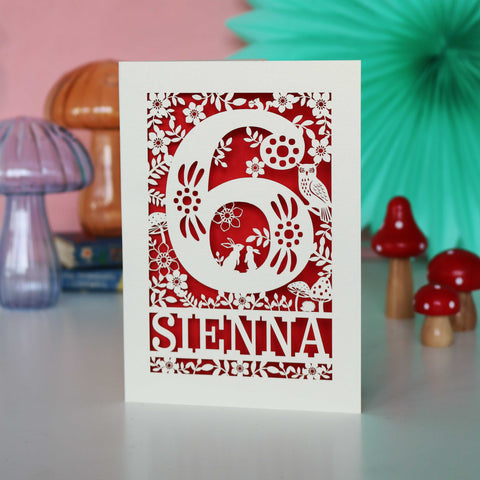Personalised Papercut Six Woodland Animals Birthday Card - A6 (small) / Bright Red