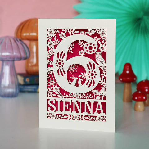 Personalised Papercut Six Woodland Animals Birthday Card - A6 (small) / Shocking Pink