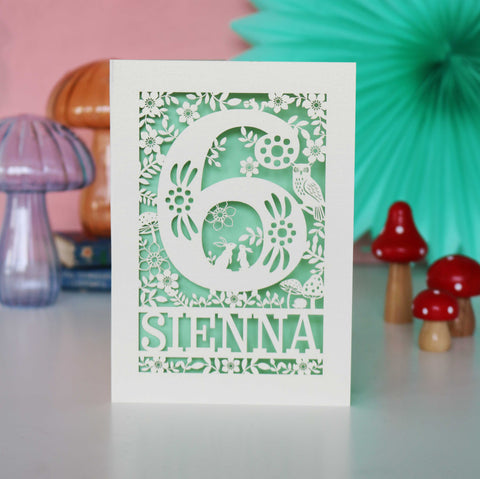 Personalised Papercut Six Woodland Animals Birthday Card - A6 (small) / Light Green