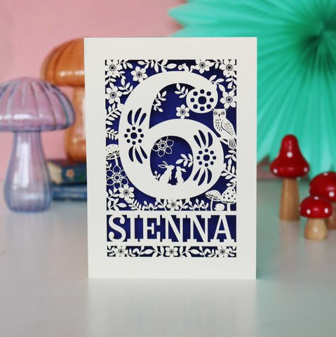 Personalised Papercut Six Woodland Animals Birthday Card - A6 (small) / Infra Violet
