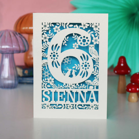 Personalised Papercut Six Woodland Animals Birthday Card - A6 (small) / Peacock Blue