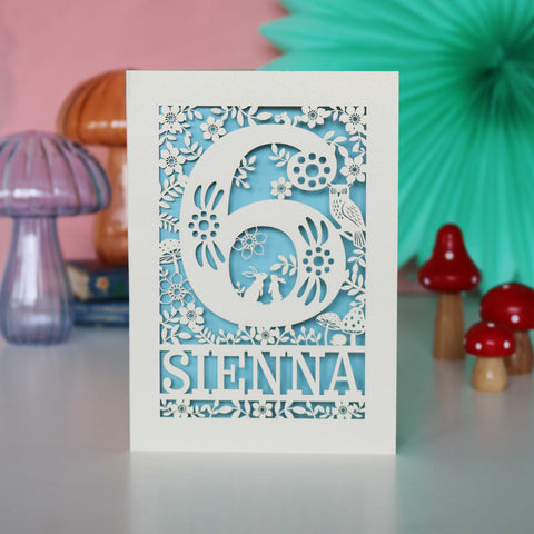 Personalised Papercut Six Woodland Animals Birthday Card - A6 (small) / Light Blue
