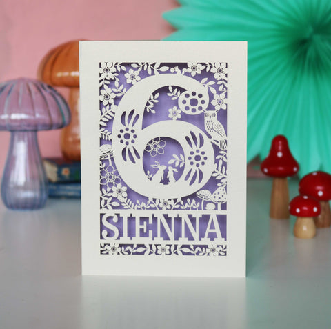 Personalised Papercut Six Woodland Animals Birthday Card - A6 (small) / Lilac