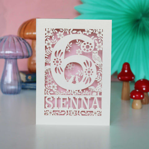 Personalised Papercut Six Woodland Animals Birthday Card - A6 (small) / Candy Pink
