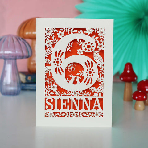 Personalised Papercut Six Woodland Animals Birthday Card - A6 (small) / Orange