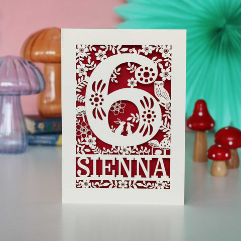 Personalised Papercut Six Woodland Animals Birthday Card - A6 (small) / Dark Red
