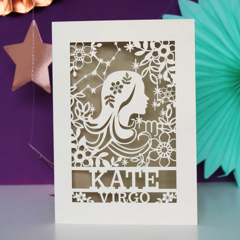 Personalised Virgo Papercut Birthday Card - A6 (small) / Gold Leaf