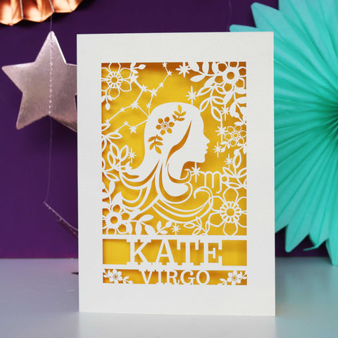 Personalised Virgo Papercut Birthday Card - A6 (small) / Sunshine Yellow