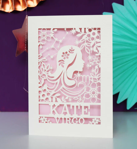 Personalised Virgo Papercut Birthday Card - A6 (small) / Candy Pink