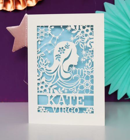 Personalised Virgo Papercut Birthday Card - A6 (small) / Light Blue
