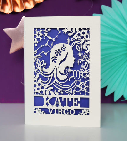 Personalised Virgo Papercut Birthday Card - A6 (small) / Infra Violet