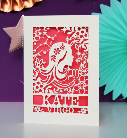 Personalised Virgo Papercut Birthday Card - A6 (small) / Coral