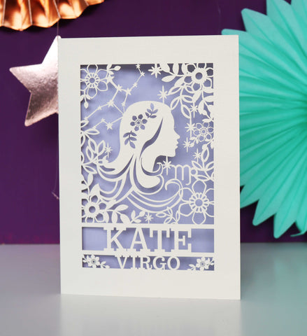 Personalised Virgo Papercut Birthday Card - A6 (small) / Lilac