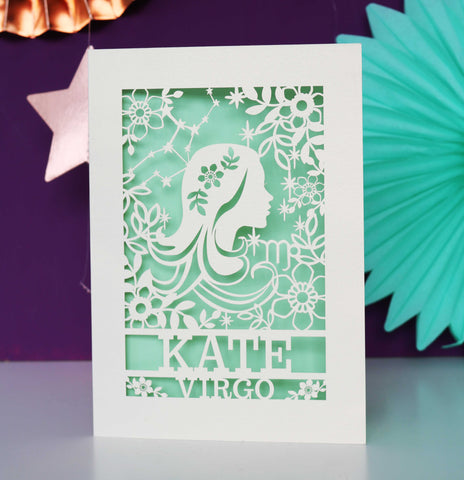 Personalised Virgo Papercut Birthday Card - A6 (small) / Light Green