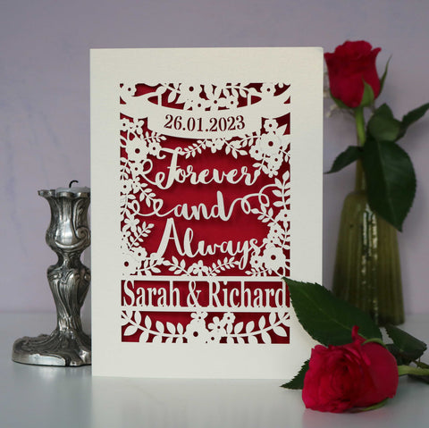 A personalised laser cut card that says Forever and Always, and is personalised with a date and the names of the couple. - A5 / Dark Red