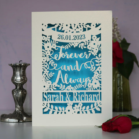 A personalised wedding card that says Forever and Always, and is personalised with a date and the names of the couple. - A5 / Peacock Blue