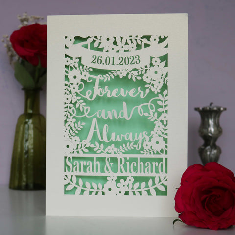 Laser cut wedding cards that say Forever and Always, and is personalised with a date and the names of the couple. - A5 / Light Green