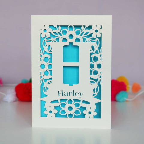Personalised Papercut Initial Name Card - A6 (small) / Peacock Blue