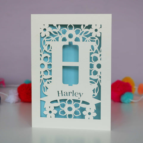 Personalised Papercut Initial Name Card - A6 (small) / Light Blue