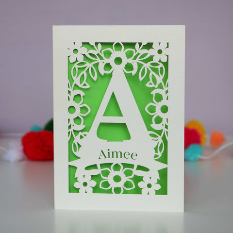 Personalised Papercut Initial Name Card - A6 (small) / Bright Green