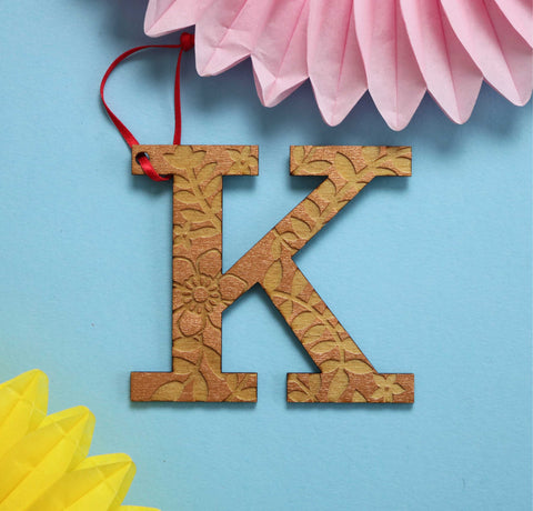 Assorted Letter K Wooden Engraved Hanging Decorations - 3mm copper floral