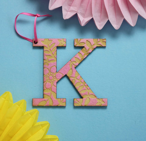 Assorted Letter K Wooden Engraved Hanging Decorations - 3mm pink floral