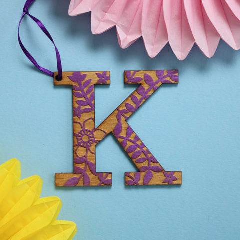 Assorted Letter K Wooden Engraved Hanging Decorations - 3mm purple floral