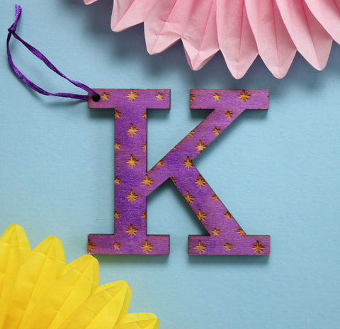 Assorted Letter K Wooden Engraved Hanging Decorations - 6mm purple stars