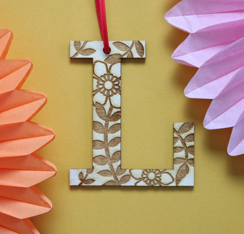 Assorted Letter L Wooden Engraved Hanging Decorations - 3mm natural sheen floral