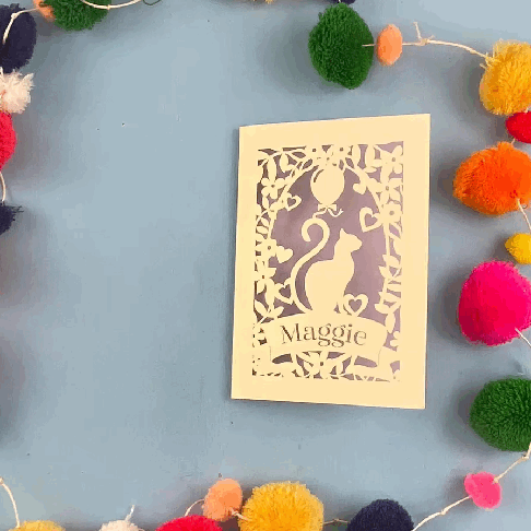 A laser cut cat birthday card opening and closing stop motion