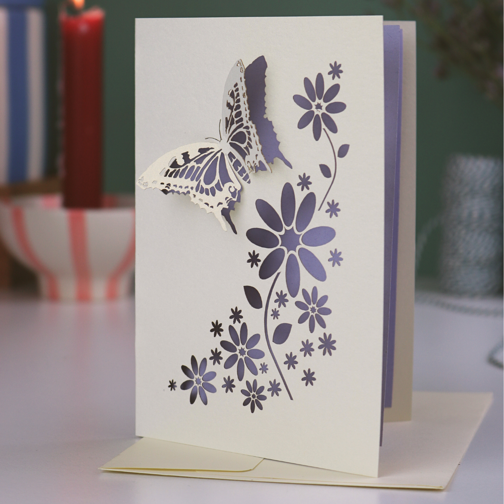 Mothering Sunday card with butterfly and floral design on a blurred background
