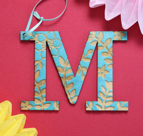 Assorted Letter M Wooden Engraved Hanging Decorations - 3mm teal floral