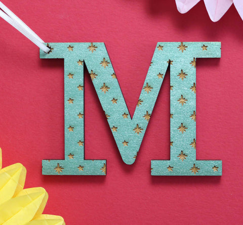 Assorted Letter M Wooden Engraved Hanging Decorations - 6mm green stars