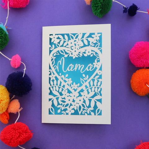 Laser cut Mother's Day card that says "Mama" inside a heart with flowers around it - A6 (small) / Peacock Blue