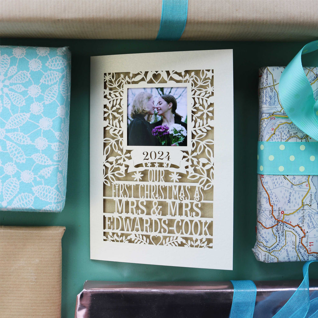A laser cut special Christmas card for first married Christmas
 