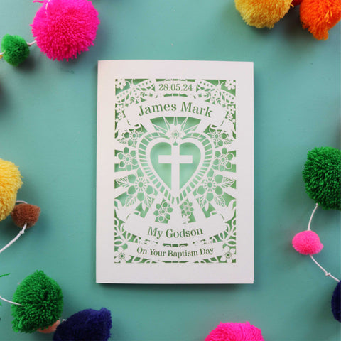 A cut out card for a Godson on his Baptism day, personalised with a name and date. - A6 (small) / Light Green / My Godson On Your Christening Day