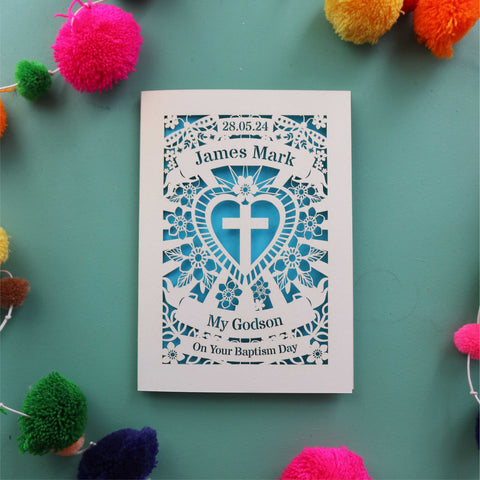 An intricate and unique laser cut personalised Baptism card that has a date, name and the words "My Godson, on your Baptism Day" - A6 (small) / Peacock Blue / My Godson On Your Christening Day
