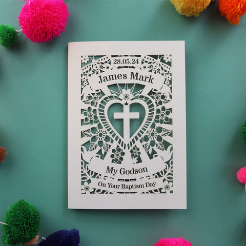A beautiful card for a Godson on his Baptism day, personalised with a name and date. - A6 (small) / Sage / My Godson On Your Christening Day
