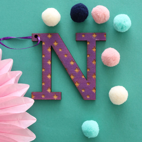 Assorted Letter N Wooden Engraved Hanging Decorations - 6mm purple stars