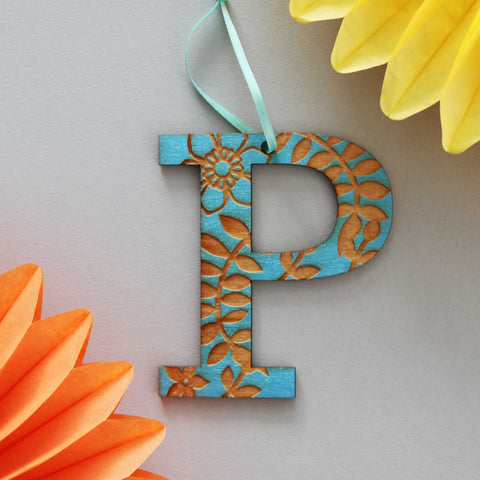 Assorted Letter P Wooden Engraved Hanging Decorations - 3mm blue floral