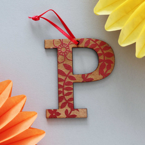 Assorted Letter P Wooden Engraved Hanging Decorations - 3mm maroon floral